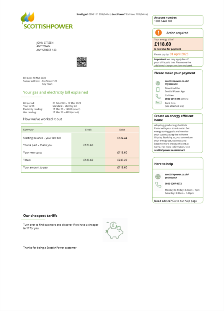 United Kingdom Scottish Power utility bill Word and PDF template scr